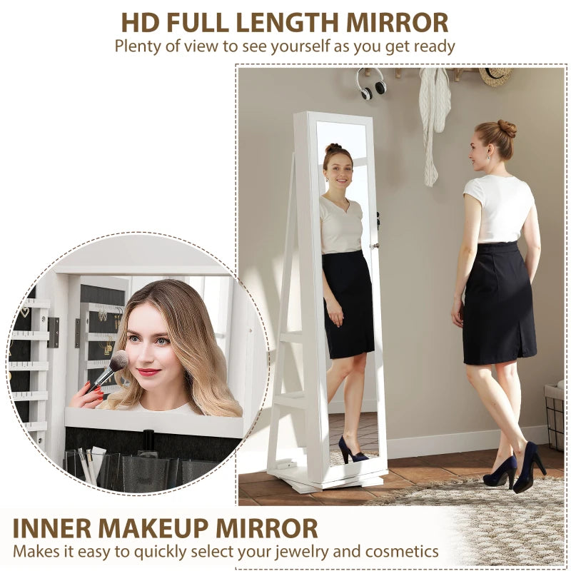 Full-Length Mirror Jewellery Cabinet with Lock & Storage – White
