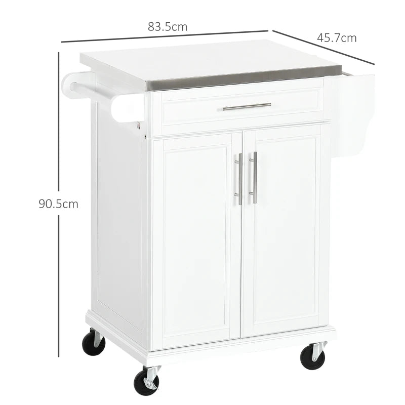 Kitchen Cart on Wheels with Rack, Drawer & Steel Top – White