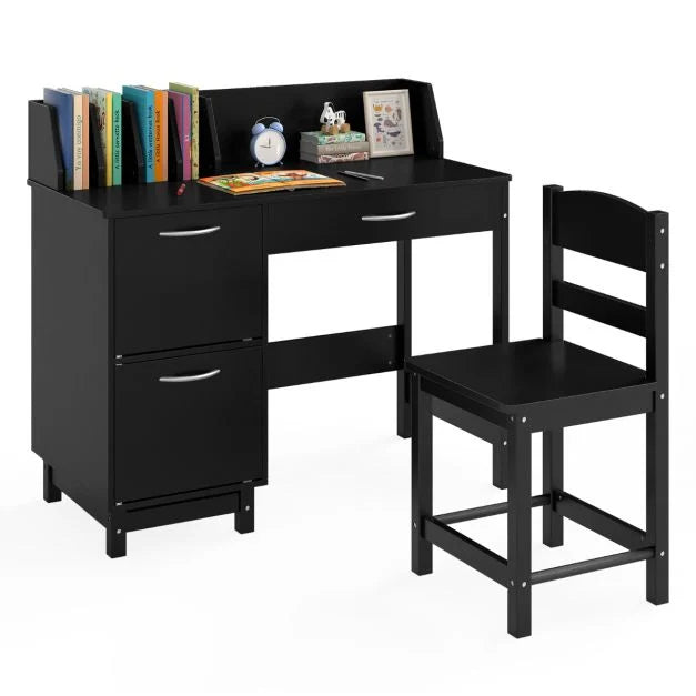 Kids Study Desk & Chair Set with Deep Drawer and Enclosed Cabinets