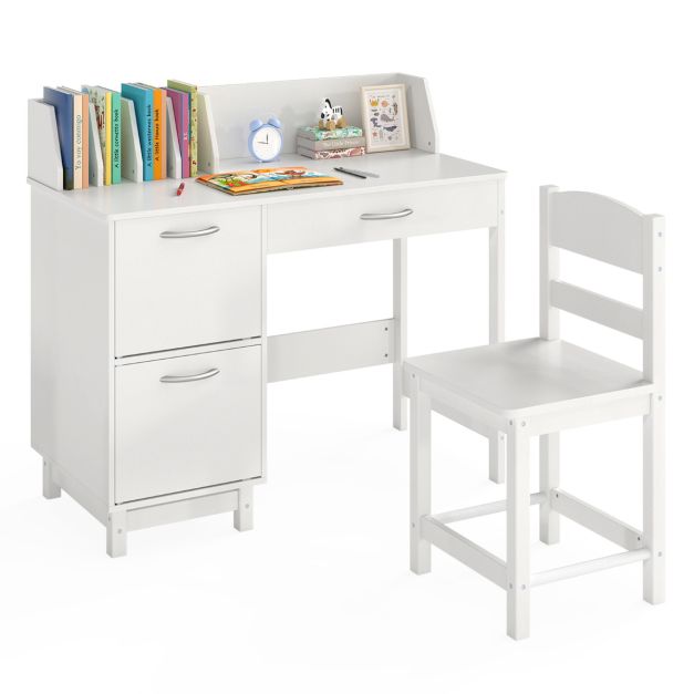 Kids Study Desk & Chair Set with Deep Drawer and Enclosed Cabinets