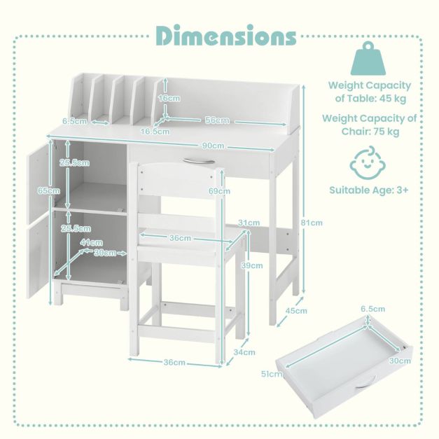 Kids Study Desk & Chair Set with Deep Drawer and Enclosed Cabinets