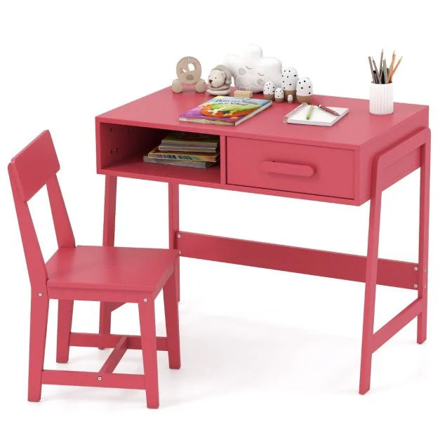 Kids Desk and Chair Set with Storage Drawer Pine Wood Legs