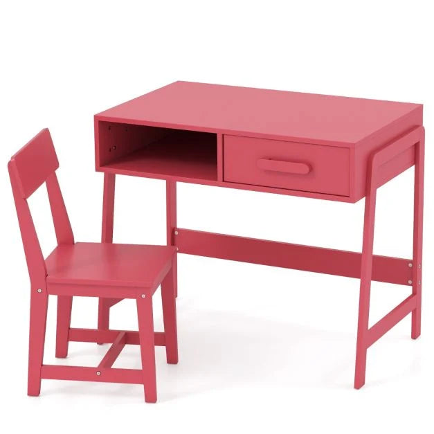 Kids Desk and Chair Set with Storage Drawer Pine Wood Legs