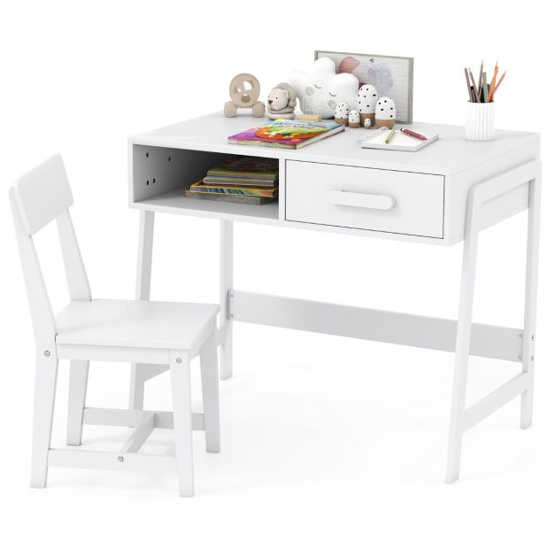 Kids Desk and Chair Set with Storage Drawer Pine Wood Legs