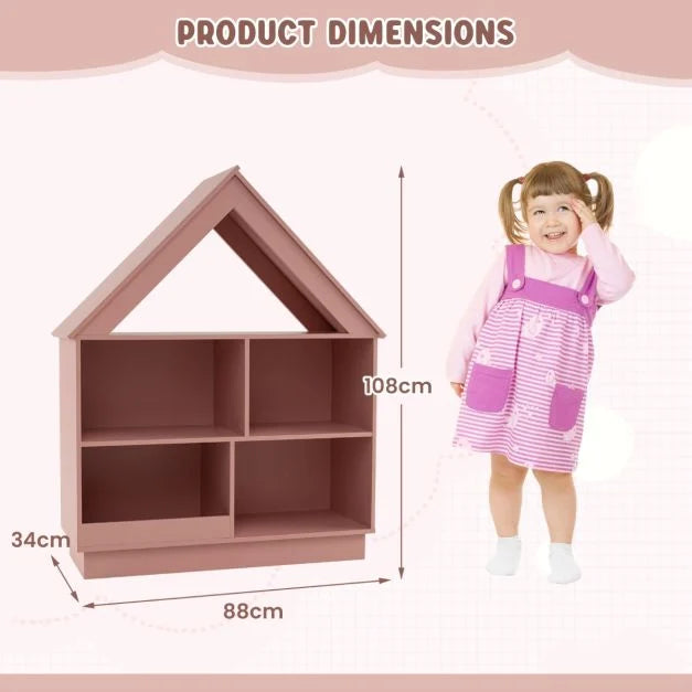 Kids Dollhouse Bookshelf with Anti-Tip Safety & 3-Tier Display