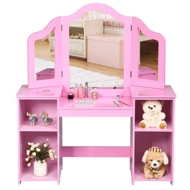 Kids Vanity Table with Foldable Mirror and Built-In Storage Shelf