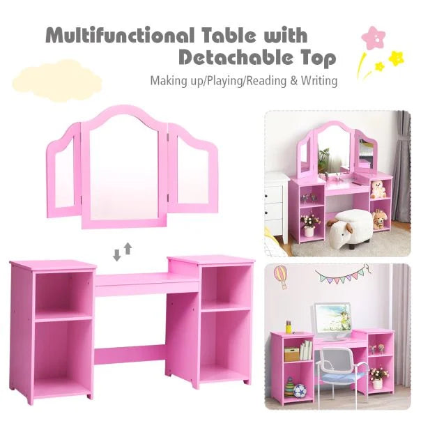 Kids Vanity Table with Foldable Mirror and Built-In Storage Shelf