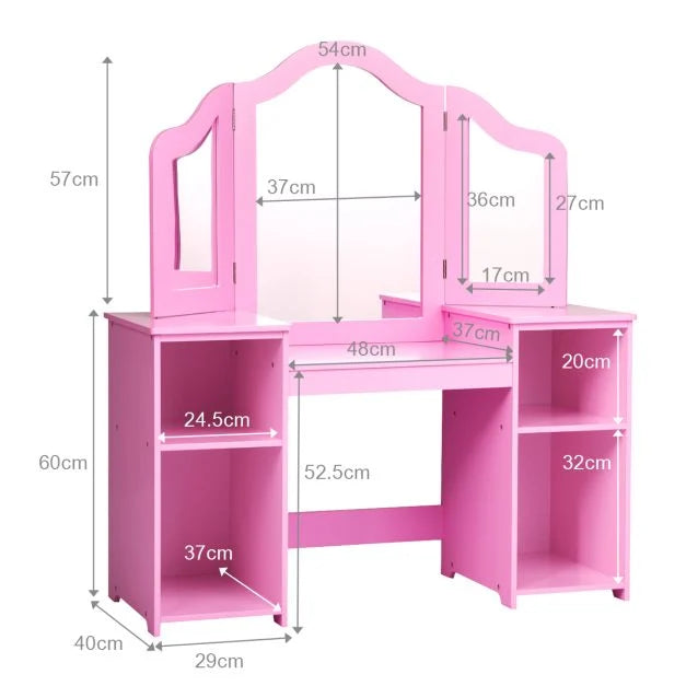 Kids Vanity Table with Foldable Mirror and Built-In Storage Shelf