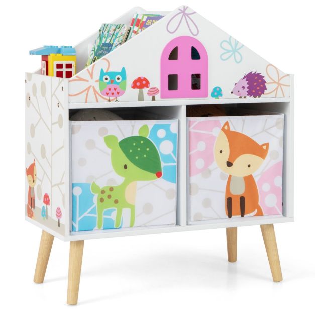 Kids House-Shaped Bookshelf with 2 Storage Bins and Elevated Wood Legs