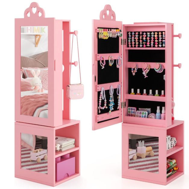 Full-Length Mirror Kids Jewelry Armoire with Coat Rack & Shelves