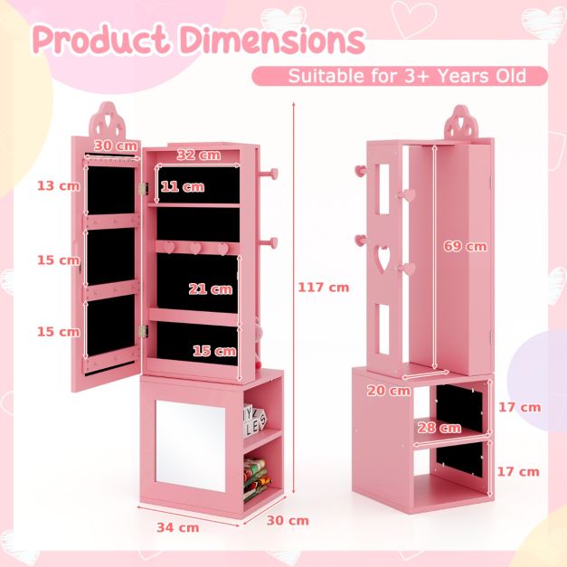 Full-Length Mirror Kids Jewelry Armoire with Coat Rack & Shelves