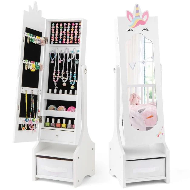 Kids Jewelry Storage Cabinet with Mirror and Foldable Drawer