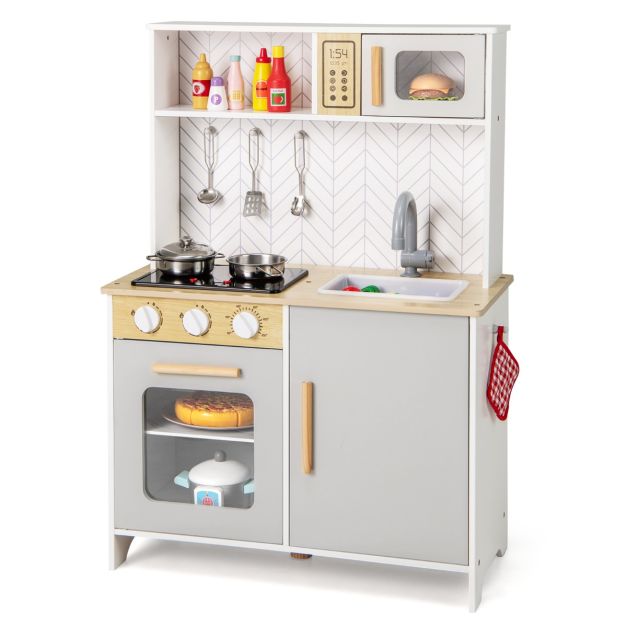 Wooden Kids Kitchen Playset with Stove, Microwave, Sink, and Sounds