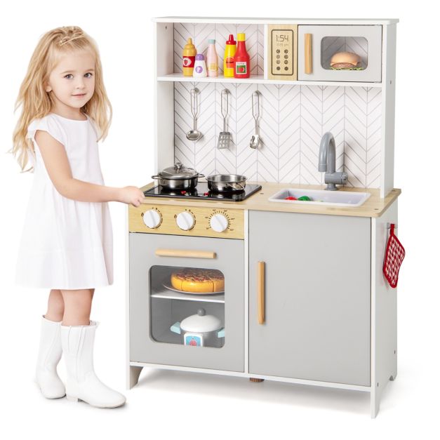 Wooden Kids Kitchen Playset with Stove, Microwave, Sink, and Sounds