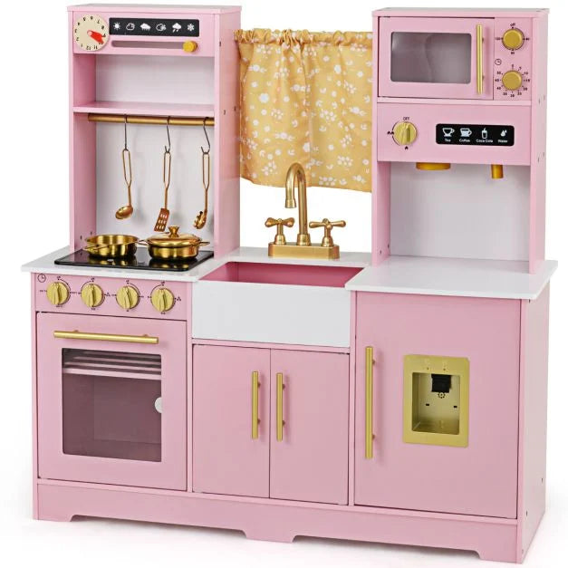 Kids Pretend Play Kitchen with Coffee Maker, Stove Top, and Golden Utensils