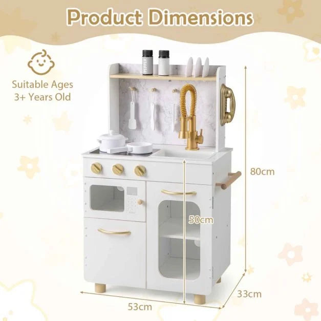 Wooden Kids Kitchen Set with Stove, Faucet, Sink, Oven, Microwave, Telephone