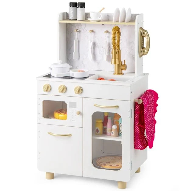 Wooden Kids Kitchen Set with Stove, Faucet, Sink, Oven, Microwave, Telephone
