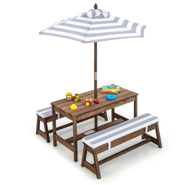 Children's Picnic Table with Cushioned Seats and Umbrella