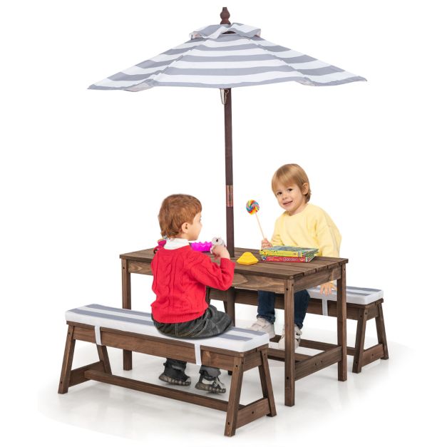 Children's Picnic Table with Cushioned Seats and Umbrella