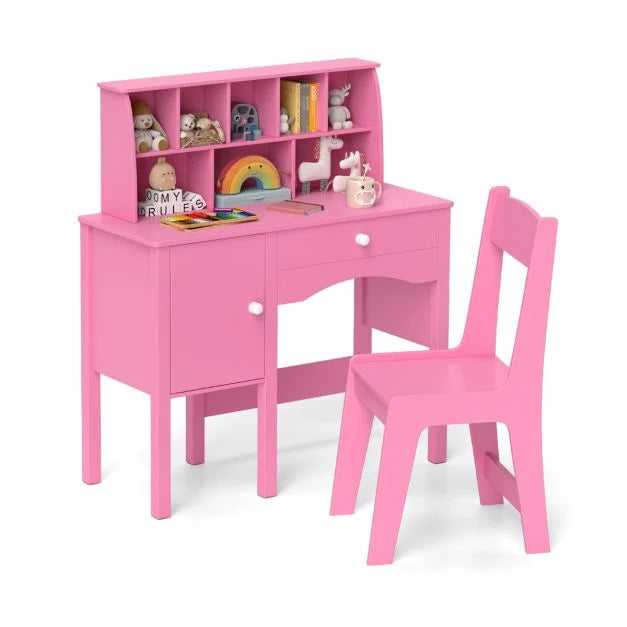 Kids Study Desk Set with Chair, Hutch & Storage Cabinet