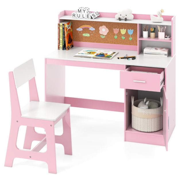Kids Study Desk & Chair Set with Shelves and Storage Cabinet