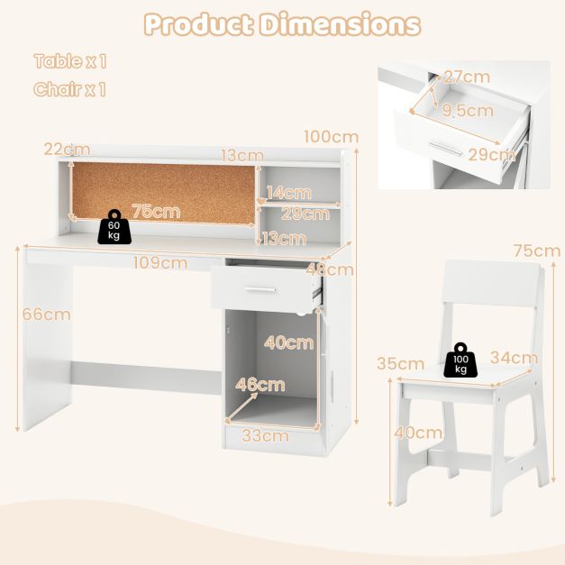 Kids Study Desk & Chair Set with Shelves and Storage Cabinet