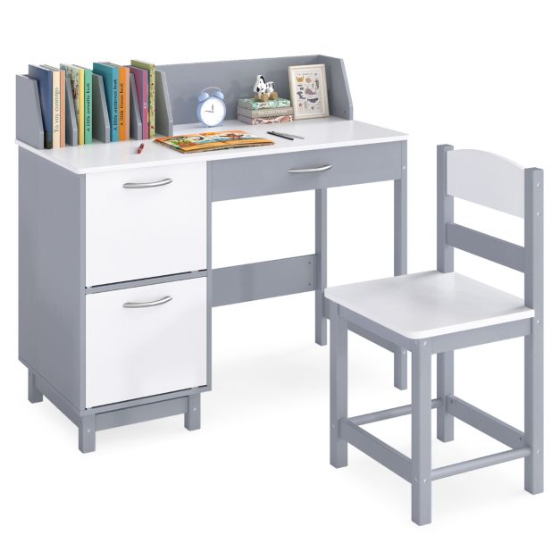 Kids Study Desk & Chair Set with Deep Drawer and Enclosed Cabinets