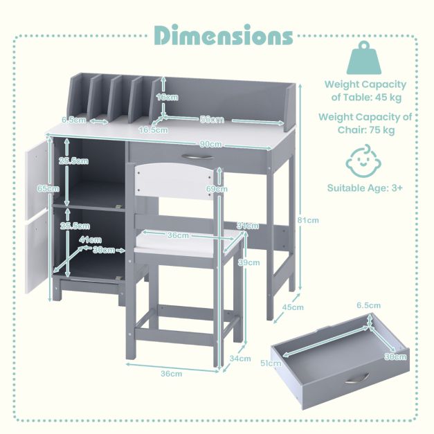Kids Study Desk & Chair Set with Deep Drawer and Enclosed Cabinets