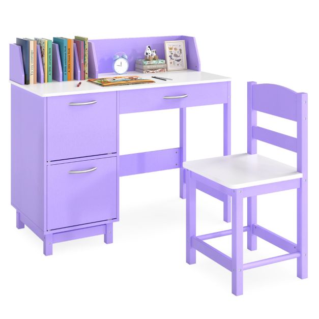 Kids Study Desk & Chair Set with Deep Drawer and Enclosed Cabinets