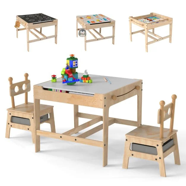 Kids 4-in-1 Wooden Activity Desk Set with Table & Chairs (Bear Shape)