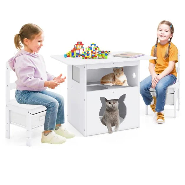 Kids’ Wooden Table and Chairs Set with Integrated Cat House
