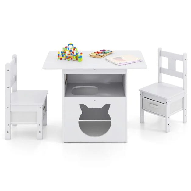 Kids’ Wooden Table and Chairs Set with Integrated Cat House