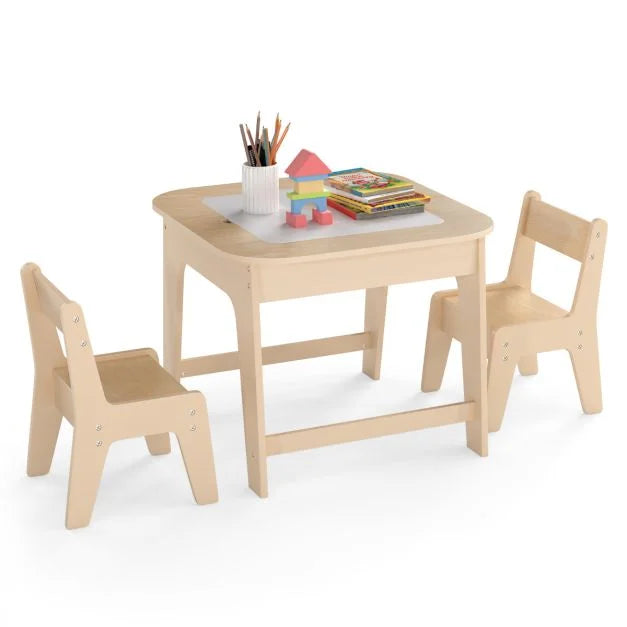 Wooden Kids Table and Chairs with Reversible Top & Storage