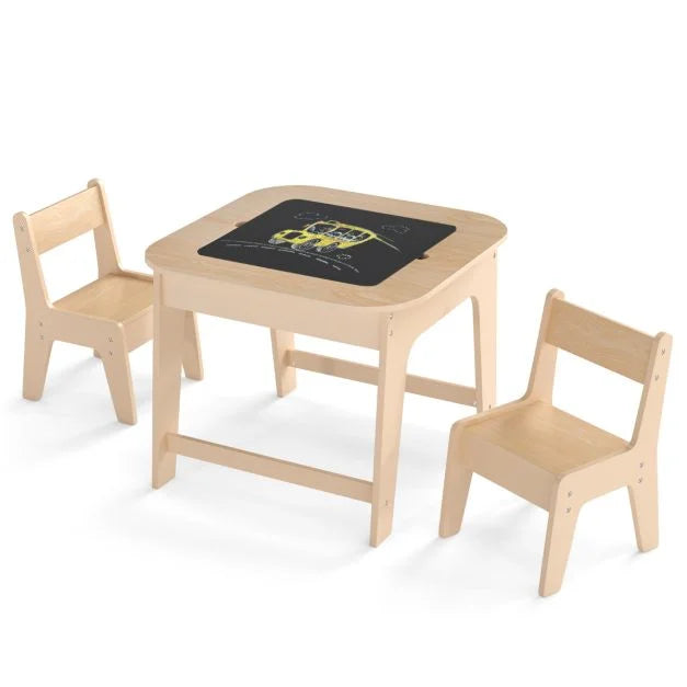 Wooden Kids Table and Chairs with Reversible Top & Storage