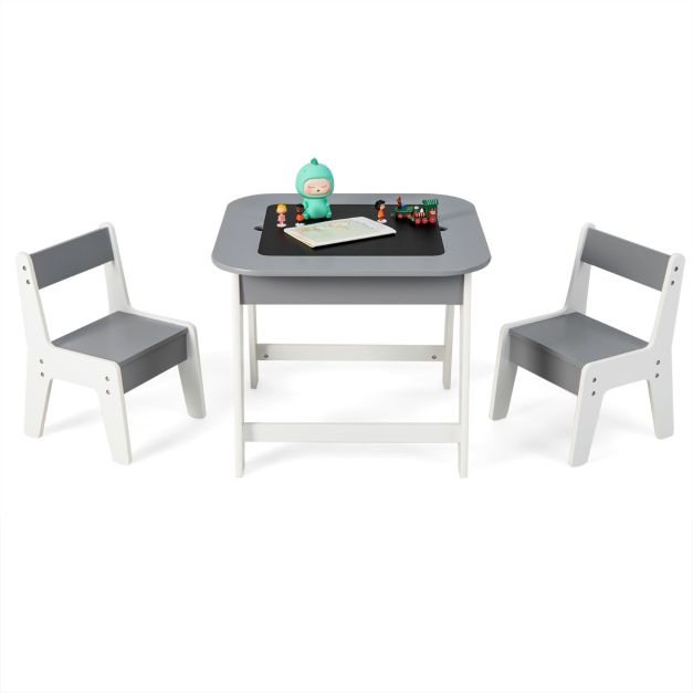 Wooden Kids Table and Chairs with Reversible Top & Storage