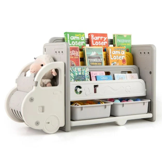 Kids Car Toy Storage Cabinet with Bookshelf for Toys and Books