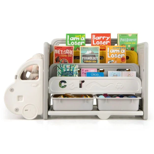 Kids Car Toy Storage Cabinet with Bookshelf for Toys and Books