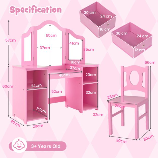 Kids’ Vanity Desk and Chair 2-in-1 Makeup Pretend Play Table