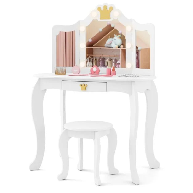 Kids Vanity Set with Lighted Mirror, Adjustable Brightness, Drawer & Stool