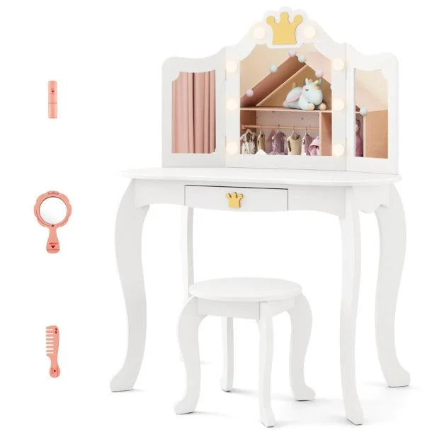 Kids Vanity Set with Lighted Mirror, Adjustable Brightness, Drawer & Stool
