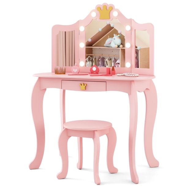 Kids Vanity Set with Lighted Mirror, Adjustable Brightness, Drawer & Stool