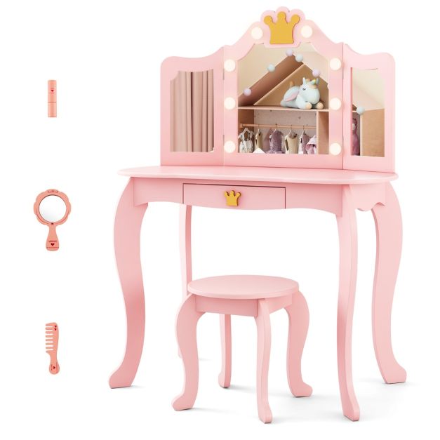 Kids Vanity Set with Lighted Mirror, Adjustable Brightness, Drawer & Stool