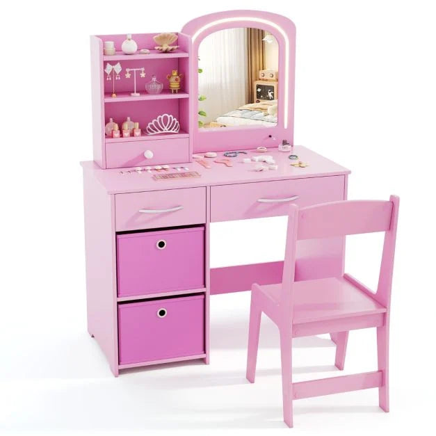 Kids Light-Up Vanity Set with Mirror and Organized Drawers