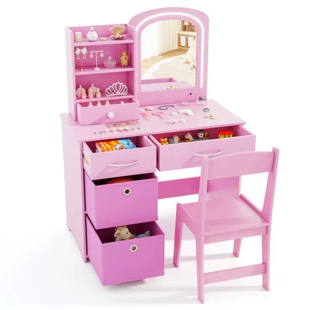 Kids Light-Up Vanity Set with Mirror and Organized Drawers