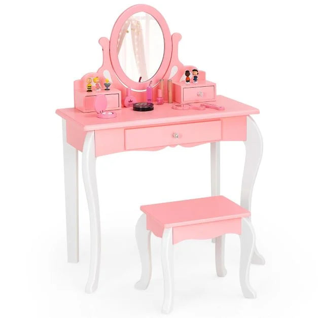 Kids Dressing Table Set with Chair and Adjustable Rotatable Mirror