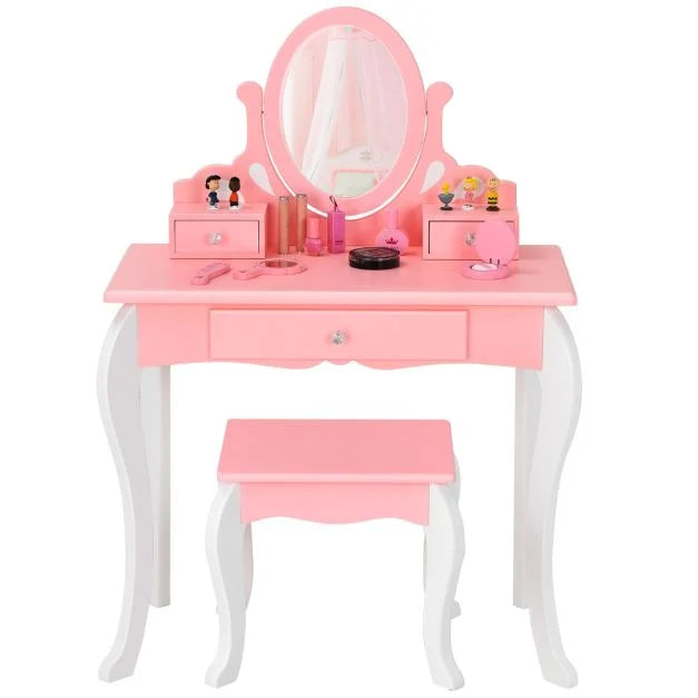 Kids Dressing Table Set with Chair and Adjustable Rotatable Mirror