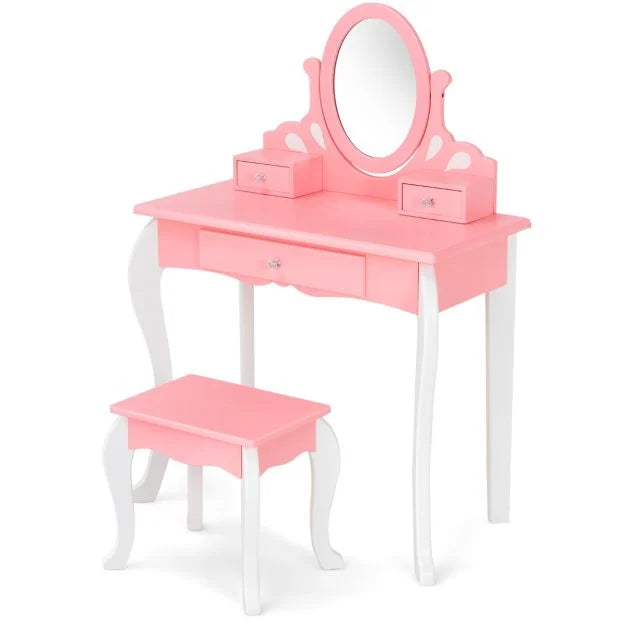 Kids Dressing Table Set with Chair and Adjustable Rotatable Mirror