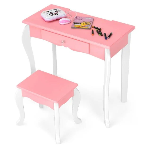 Kids Dressing Table Set with Chair and Adjustable Rotatable Mirror