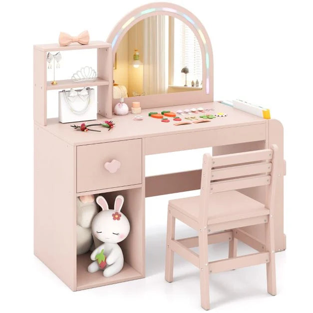 Kids Vanity Table & Chair Set with Lighted Mirror and Open Storage Shelves