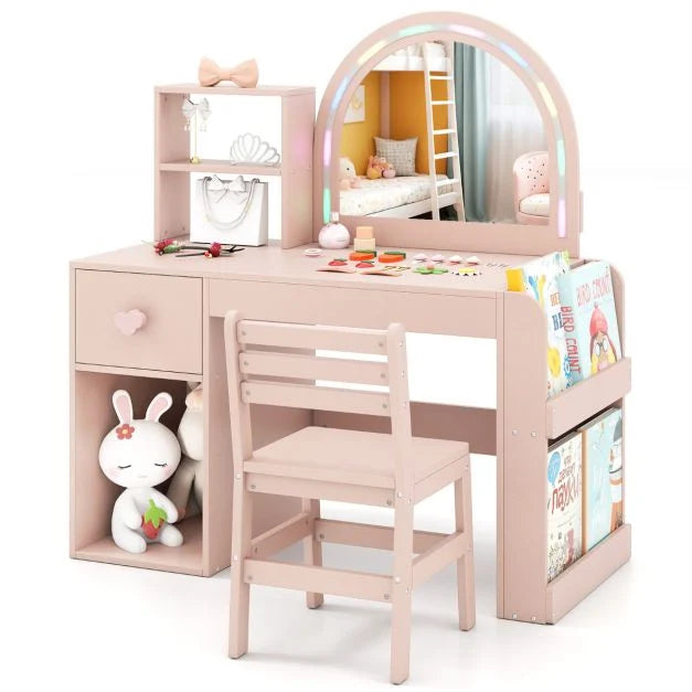 Kids Vanity Table & Chair Set with Lighted Mirror and Open Storage Shelves